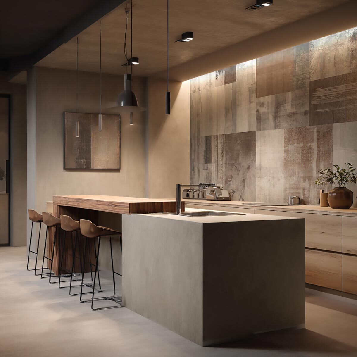 Papier peint abstrait effet matières patchwork beige Intissé