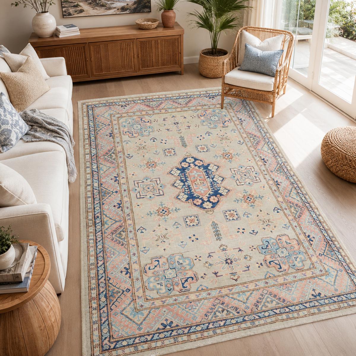 Tapis salon géométrique, noué main en laine, INUJ