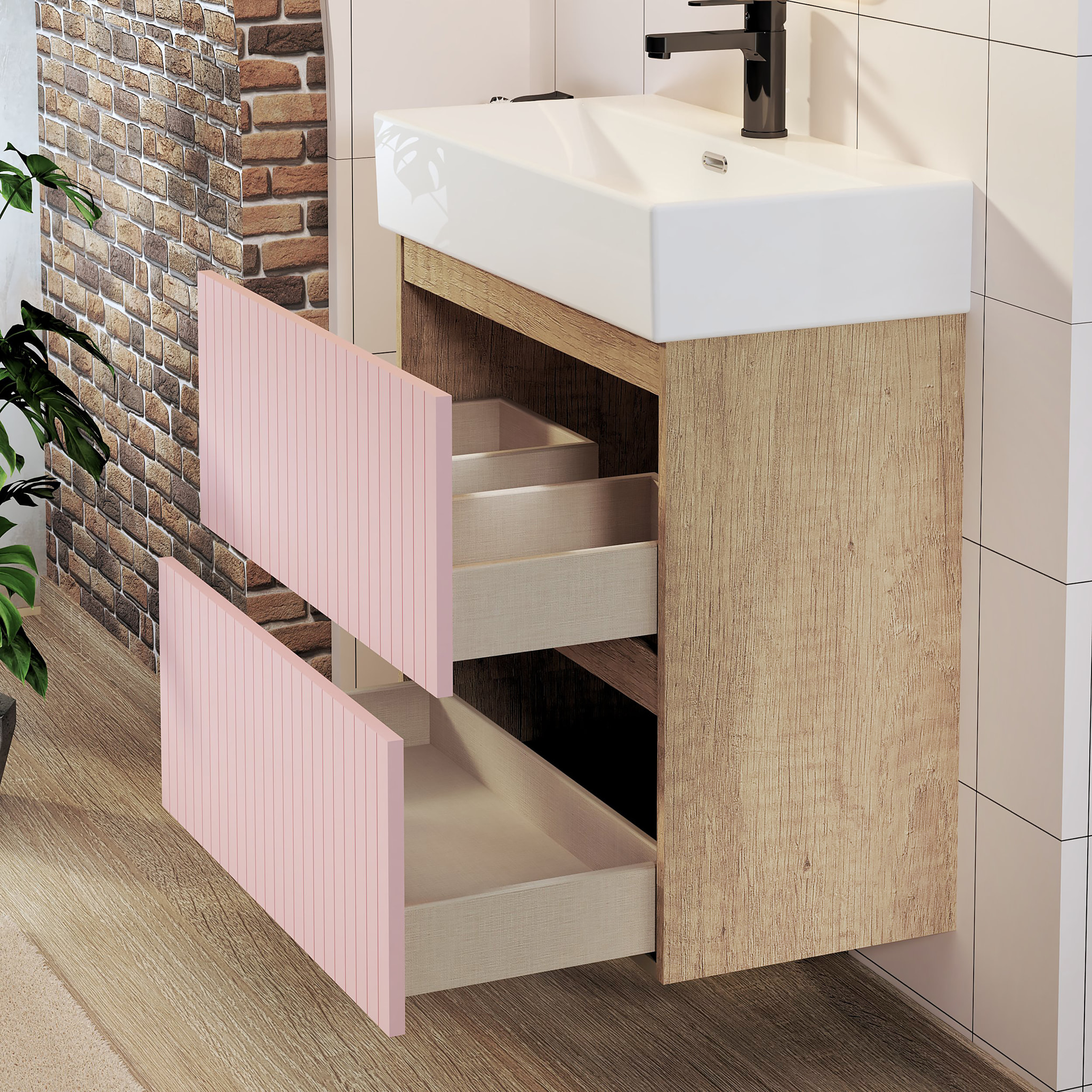 CONJUNTO DE BAÑO ZEL | MUEBLE SUSPENDIDO | 70 CM ROSA | DOS CAJONES | LAVABO ENCASTRADO | NO INCLUYE ESPEJO | MUEBLE MONTADO| ALDAY