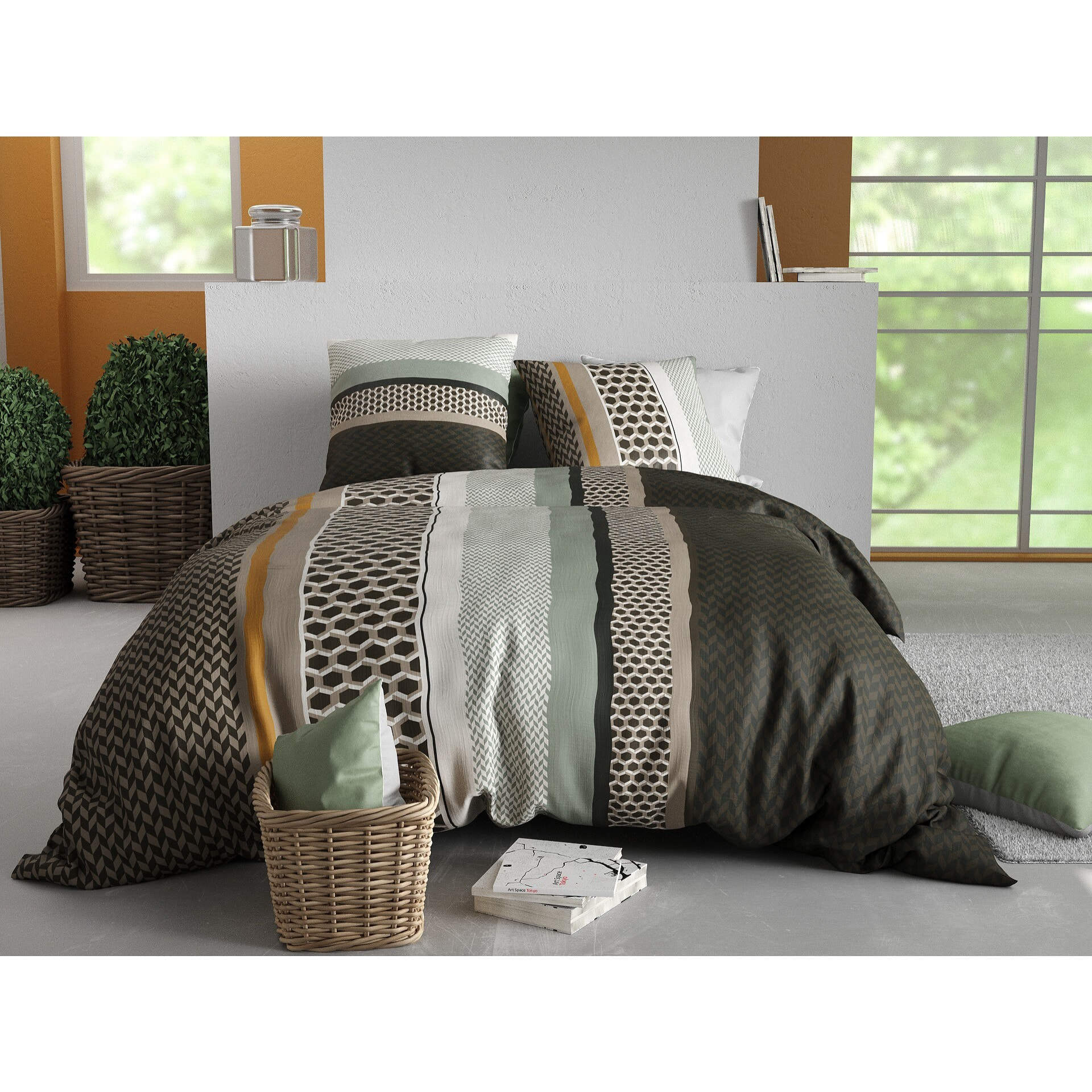 Parure housse de couette imprimée 220x240cm + 2 Taies 100% coton 57fils URBANIK