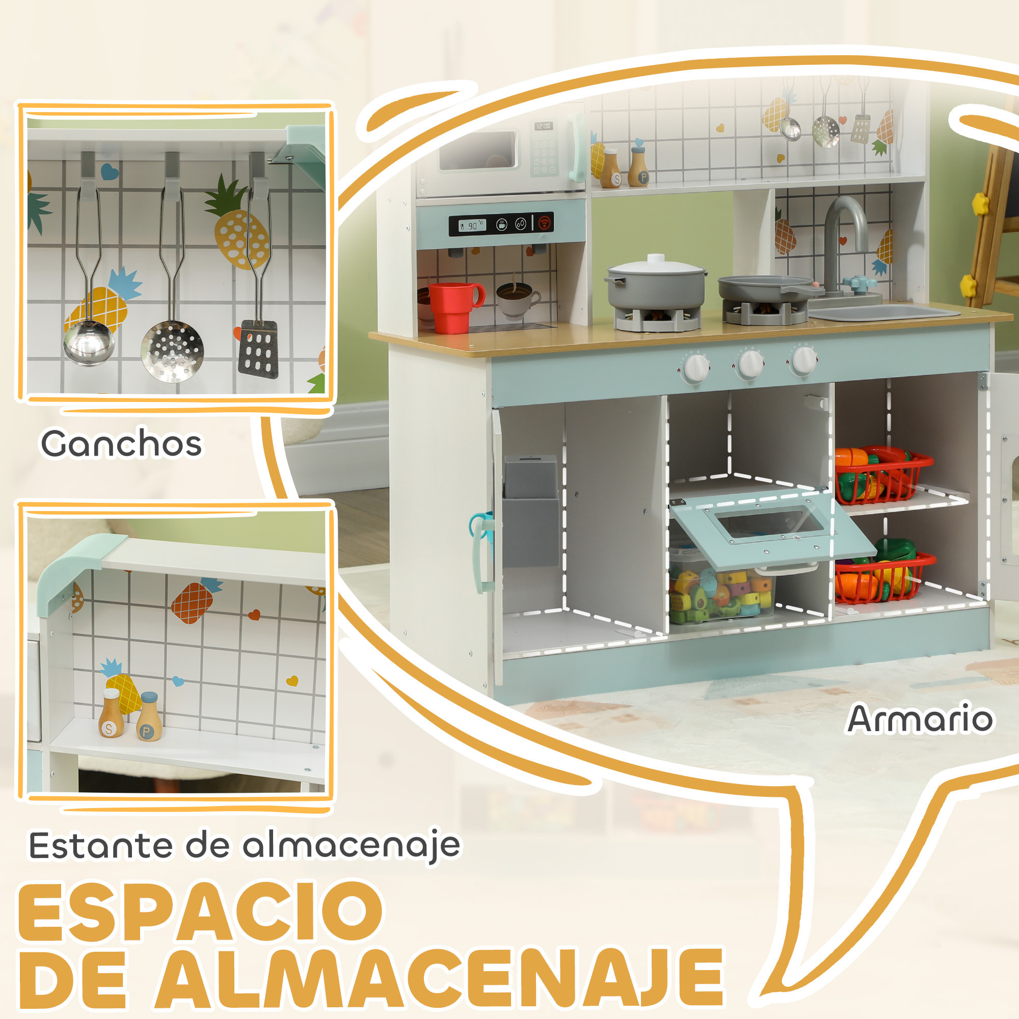 Cocina de Juguete para Niños +3 Años Cocina de Madera Infantil Cocinita Infantil con Sonido Fogón Grifo Fregadero Microondas Cafetera Máquina de Hielo y Accesorios de Cocina Blanco