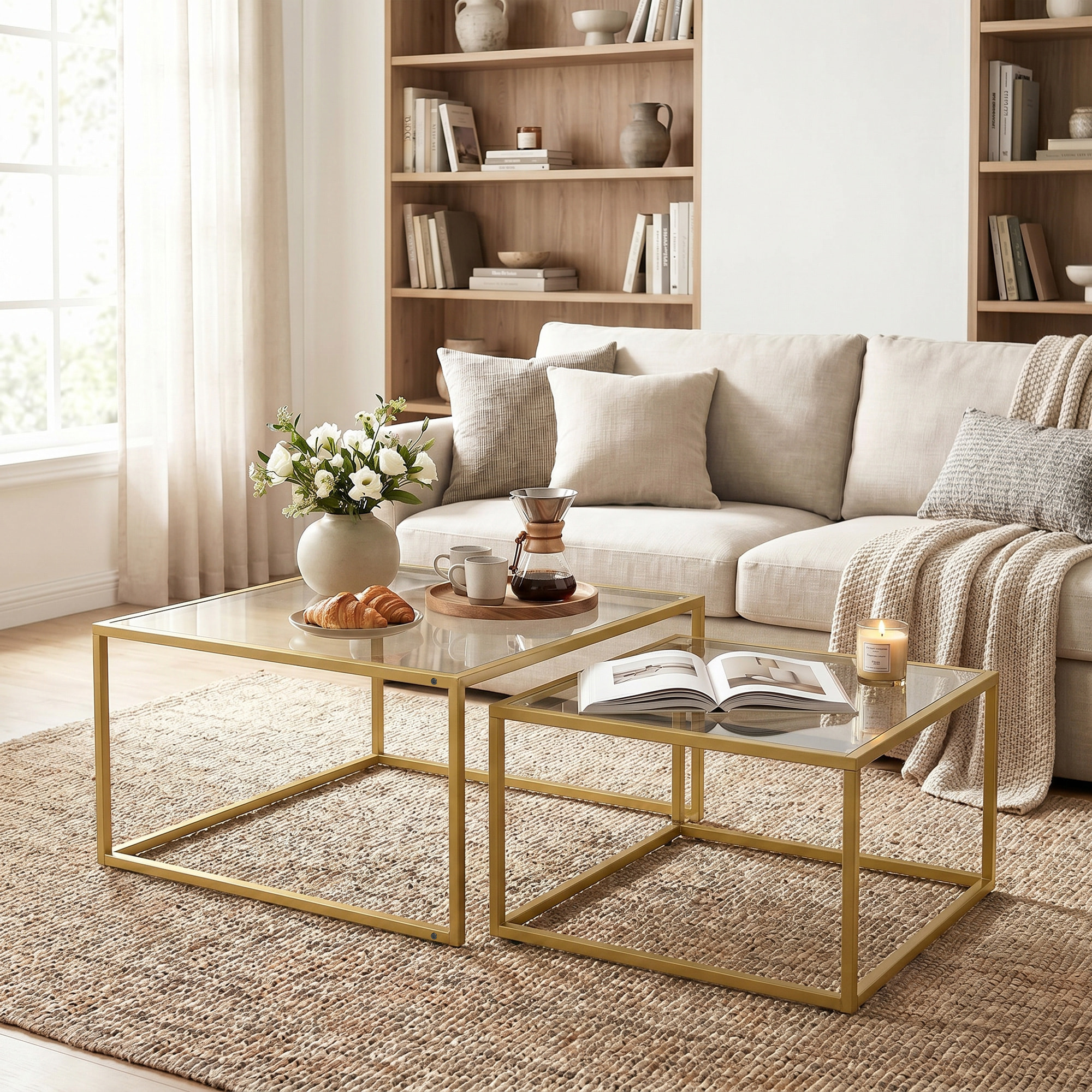 Set de 2 Mesas de Centro Cuadradas, Mesas Nido Modernas con Tablero de Vidrio Templado y Estructura Metálica, Ahorra Espacio, para Salón, Dormitorio u Oficina, 75x75x42 cm, Dorado