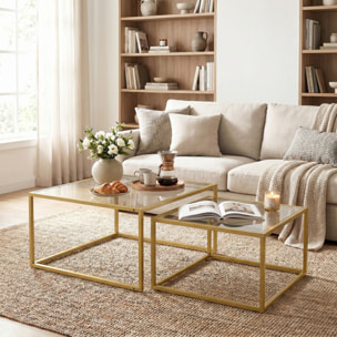 Set de 2 Mesas de Centro Cuadradas, Mesas Nido Modernas con Tablero de Vidrio Templado y Estructura Metálica, Ahorra Espacio, para Salón, Dormitorio u Oficina, 75x75x42 cm, Dorado