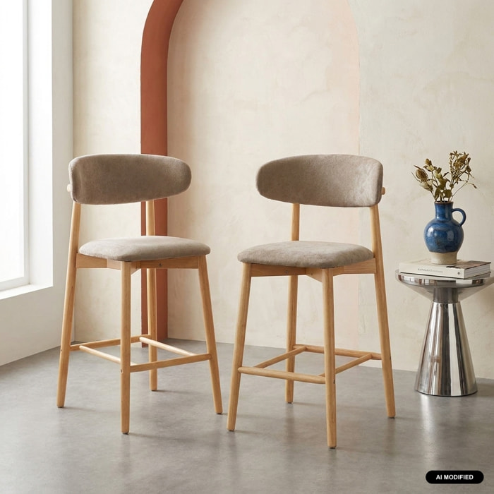Tabouret de bar bois d'hévéa naturel et tissu chenille (lot de 2)  PAOLA