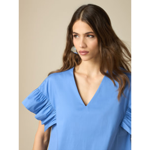 Oltre - Blusa in popeline con volant - Azzurro