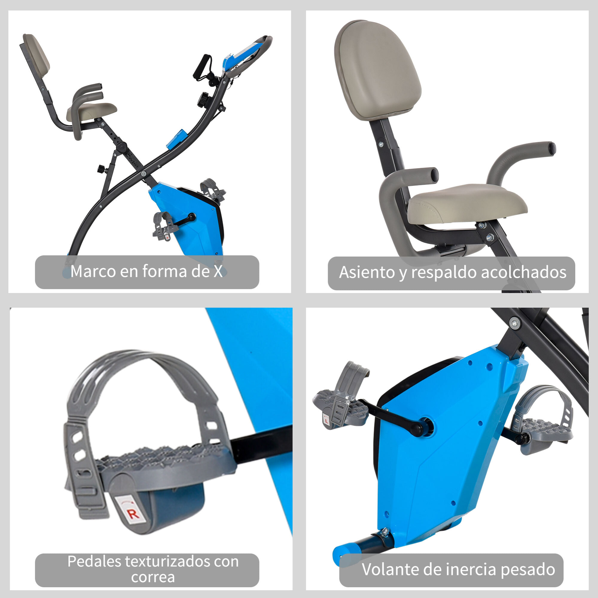 Bicicleta Estática Plegable 3 en 1 con Respaldo y 8 Niveles Resistencia Magnética, Bicicleta Estática para Casa Ajustable con Monitor LCD Volante Banda Sensor de Pulso Soporte de Teléfono Azul
