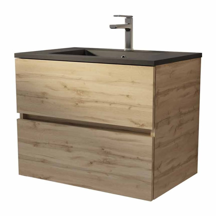 Meuble de salle de bains suspendu 70 cm TIMBER - Décor Chêne Naturel 2 tiroirs avec Vasque noire