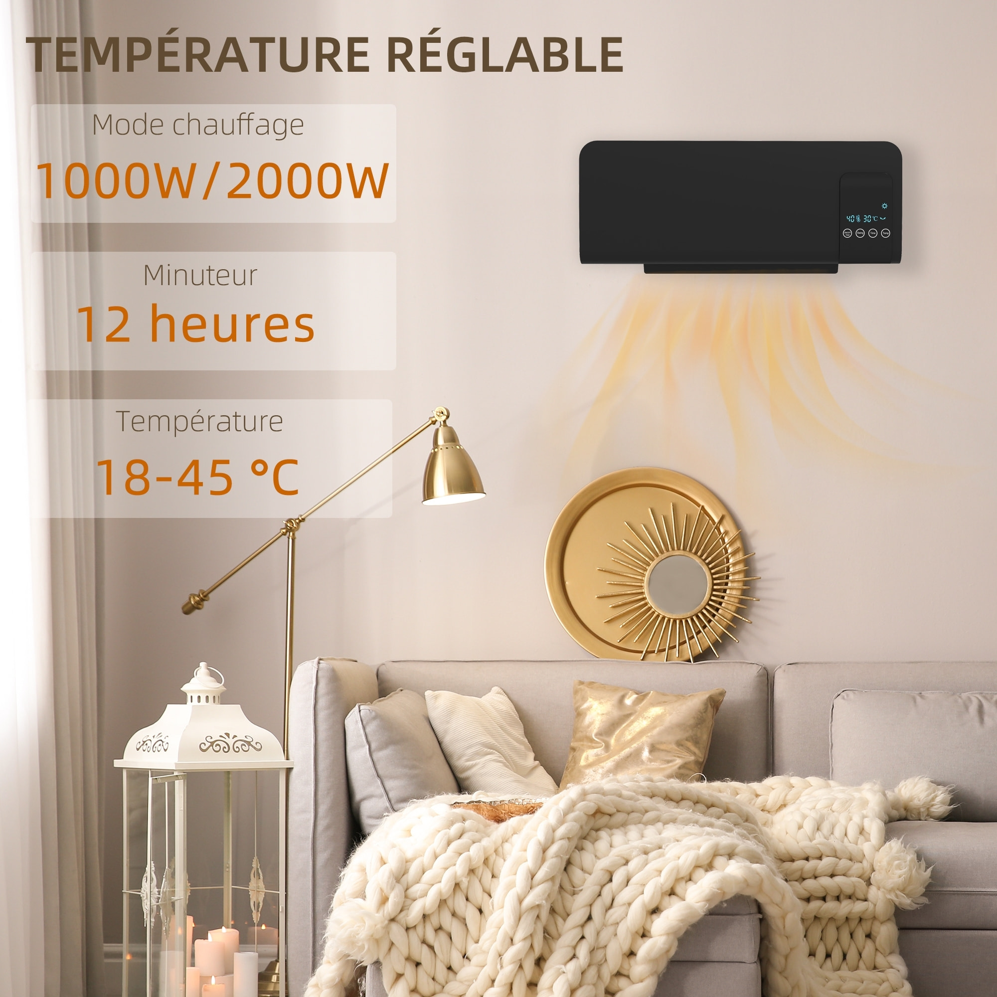 Radiateur mural soufflant 2000 W max. - chauffage céramique PTC - température réglable, timer, oscillation - télécommande incluse noir