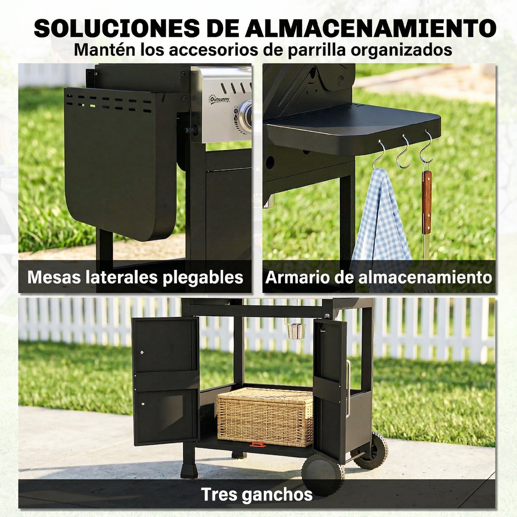 Barbacoa de Gas BBQ Gas Portátil con 3 Quemadores 7,5 kW Termómetro Mesas Laterales Plegables Armario Rejilla Calentadora Parrilla Plancha Tapa con Ventana Recogedor y Recipiente Grasa Ruedas