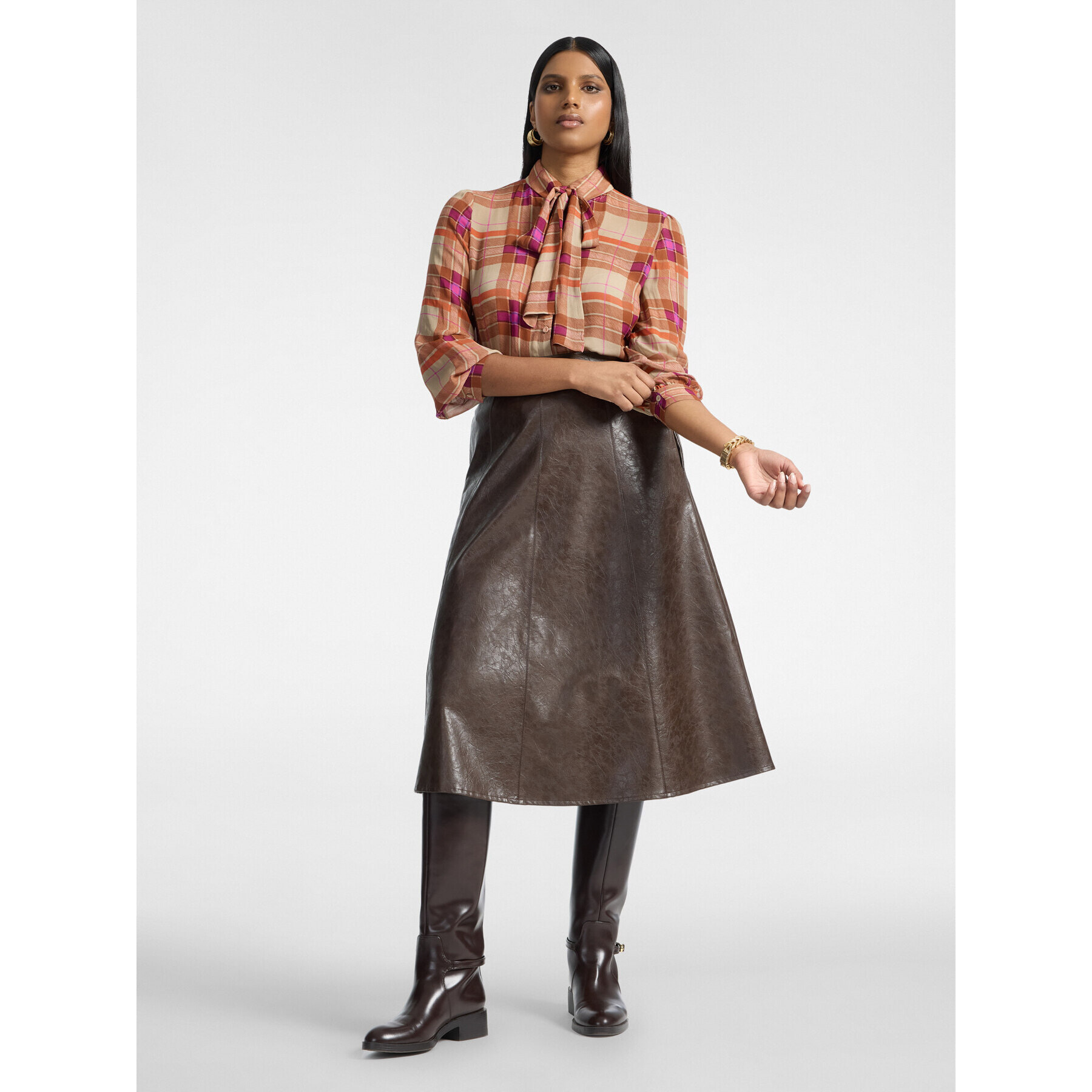 Elena Mirò - Camicia in georgette stampata con fusciacca - Marrone