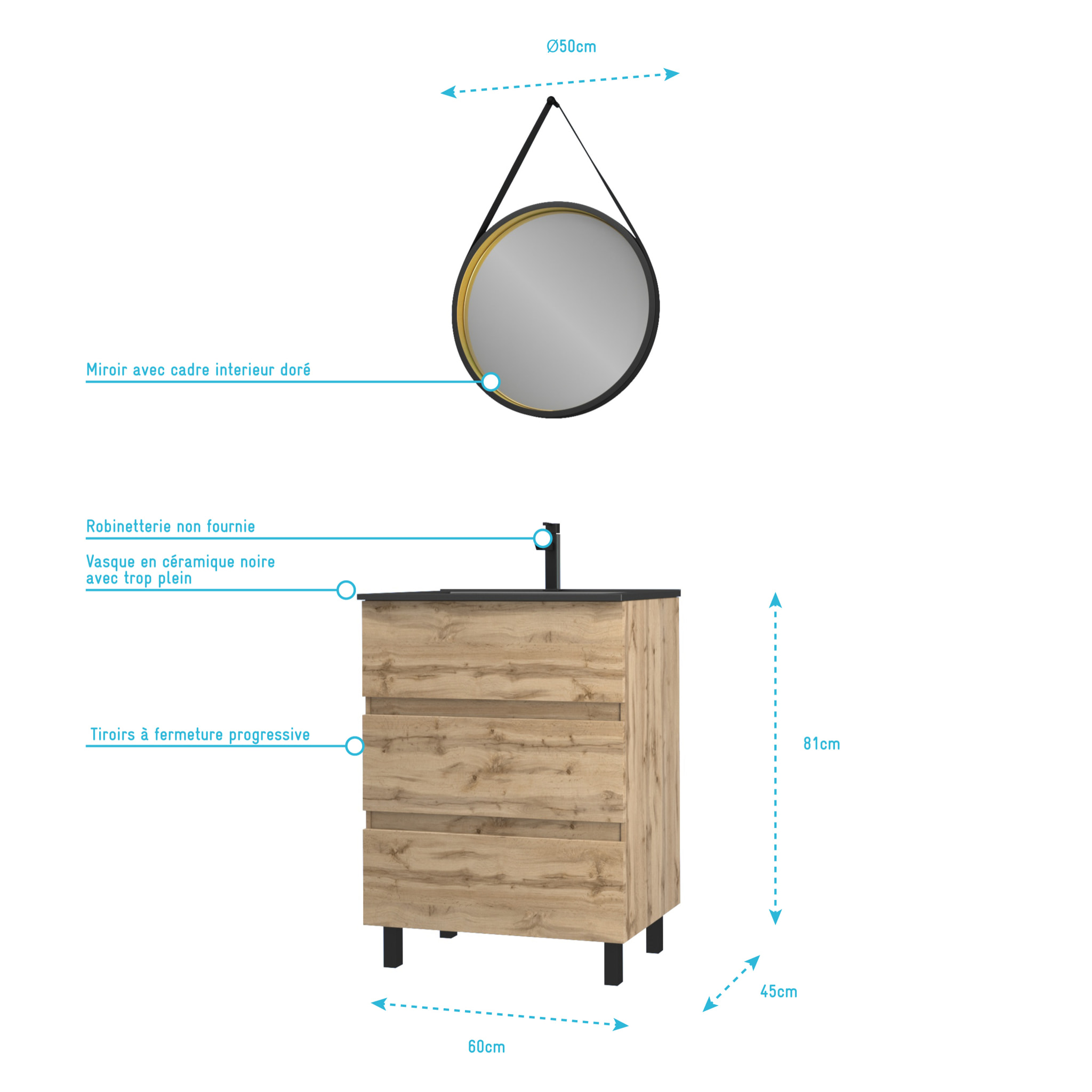 Pack Meuble SDB 60cm sur pieds 3 tiroirs Chene_Vasque noire + Miroir Barber - TIMBER 60 - Pack40