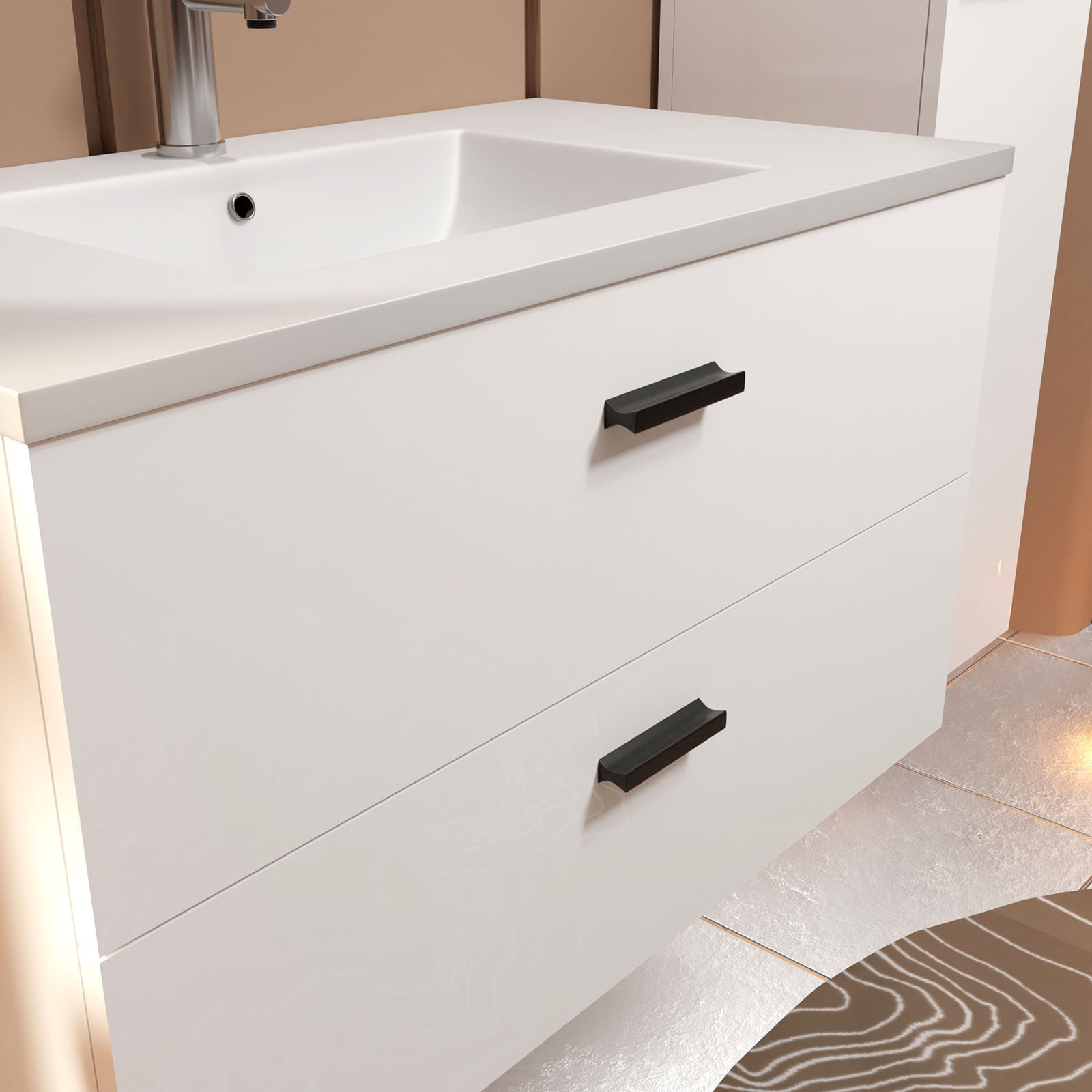 Meuble salle de bains 80 cm 2 Tiroirs Blanc avec Vasque blanche, miroir et applique Led - BOX LED