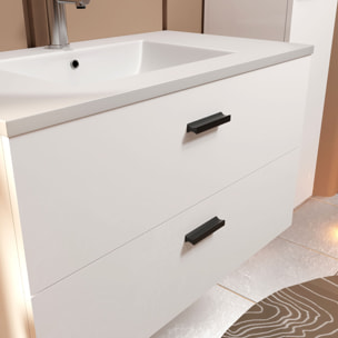 Meuble salle de bains 80 cm 2 Tiroirs Blanc avec Vasque blanche, miroir et applique Led - BOX LED
