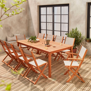 Salon de jardin en bois extensible - Almeria - table 200/250/300cm avec 2 rallonges. 2 fauteuils et 8 chaises. en bois d'Eucalyptus huilé et textilène gris taupe