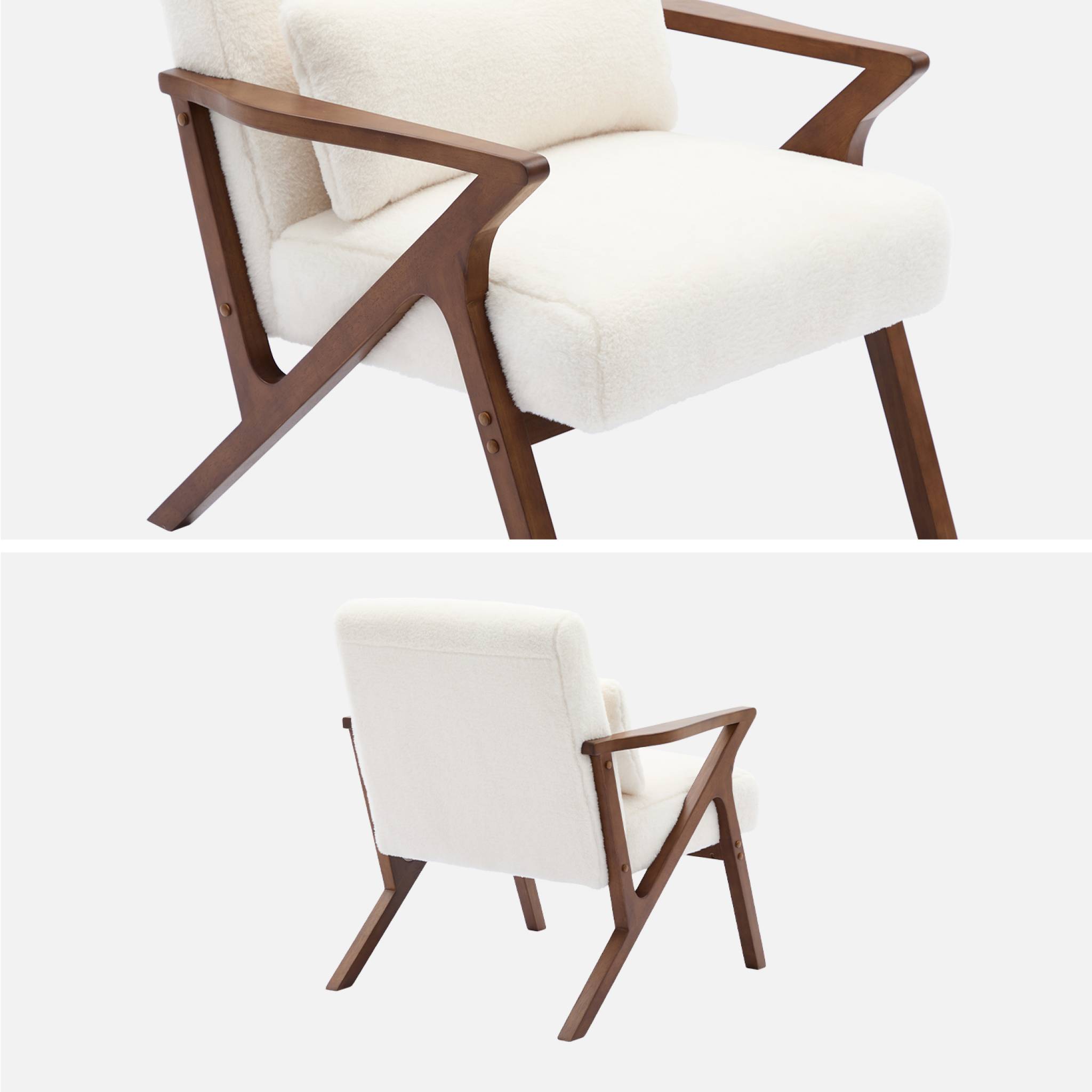 Fauteuil scandinave bois d'hévéa teinté noyer et tissu effet fausse fourrure