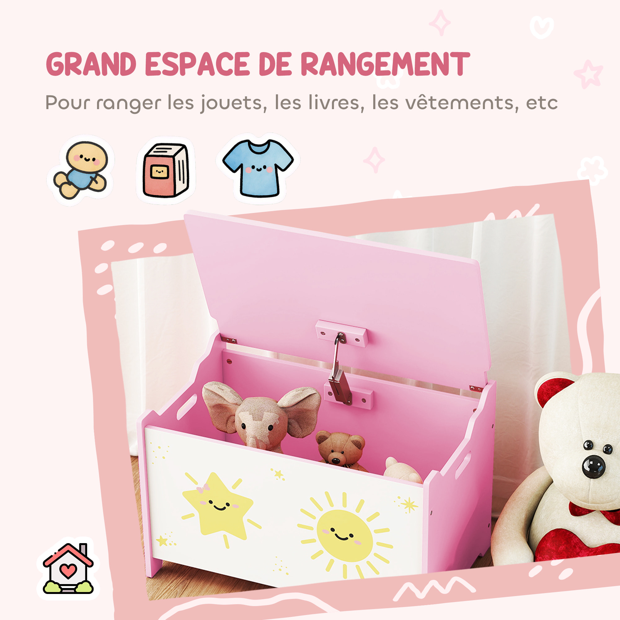Coffre malle de rangement coffre à jouets design soleil et étoile dim. 60L x 37l x 39H cm vérin pneumatique MDF rose