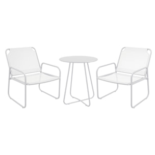 Conjunto de Jardín Exterior Muebles de Jardín Exterior Juego de 1 Mesa Redonda y 2 Sillas de Terraza con Marco de Acero Reposabrazos y Almohadillas Ajustables para los Pies Blanco