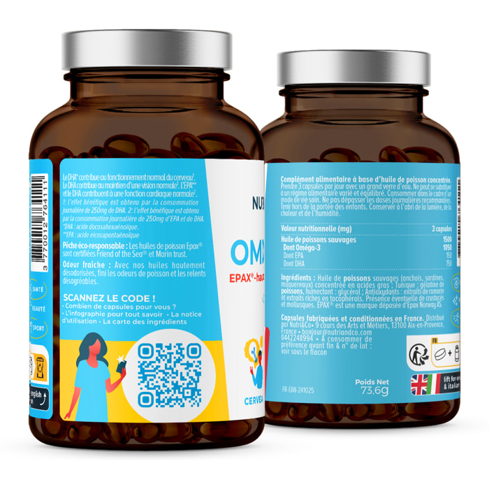Nutri&Co Omega3 Huile de Poissons Sauvages EPAX®, Haute Concentration - 120 gélules
