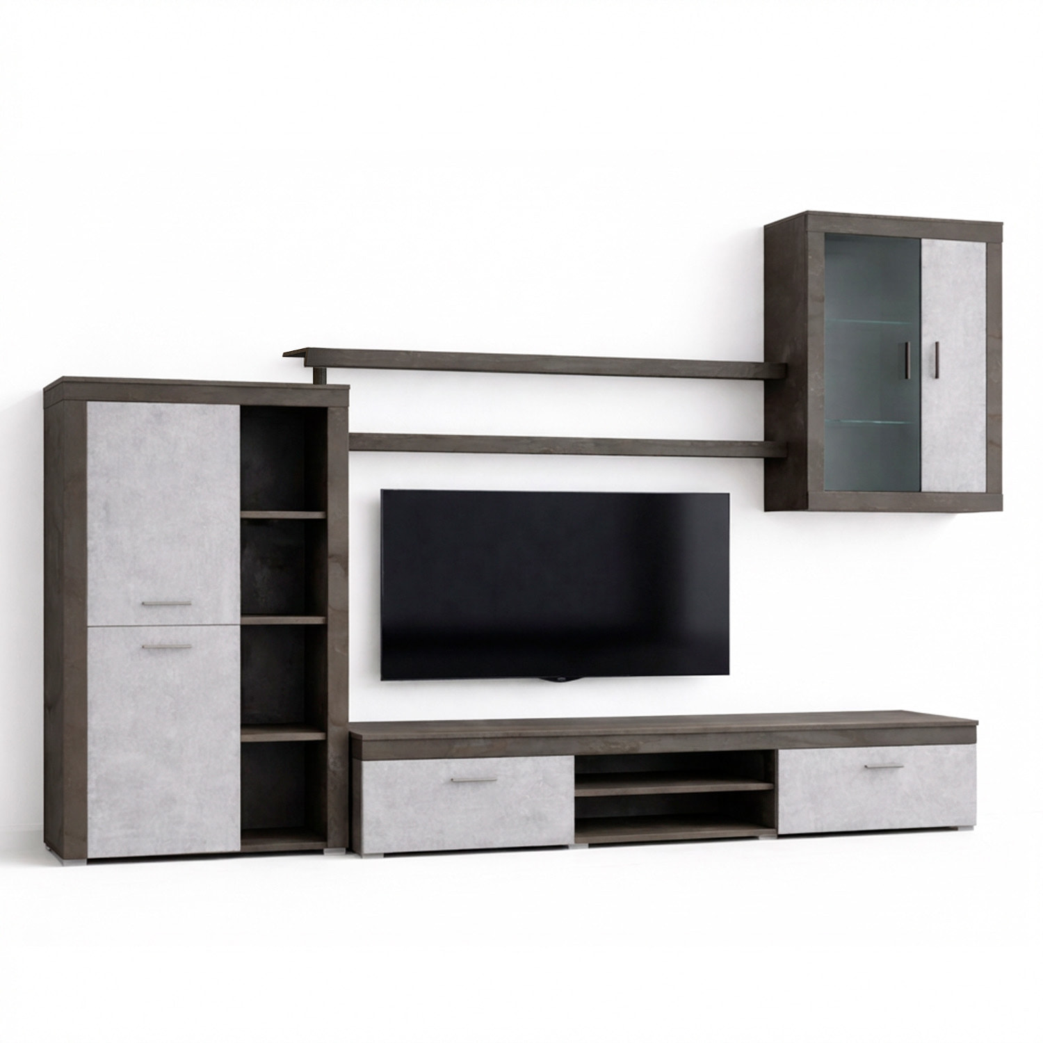 Parete Attrezzata Da Soggiorno Salotto Moderna Con Ante Mensole Vani A Giorno Vetrinetta Mobile TV 293 x 193 x 50 Cm Ossido E Grigio Cemento