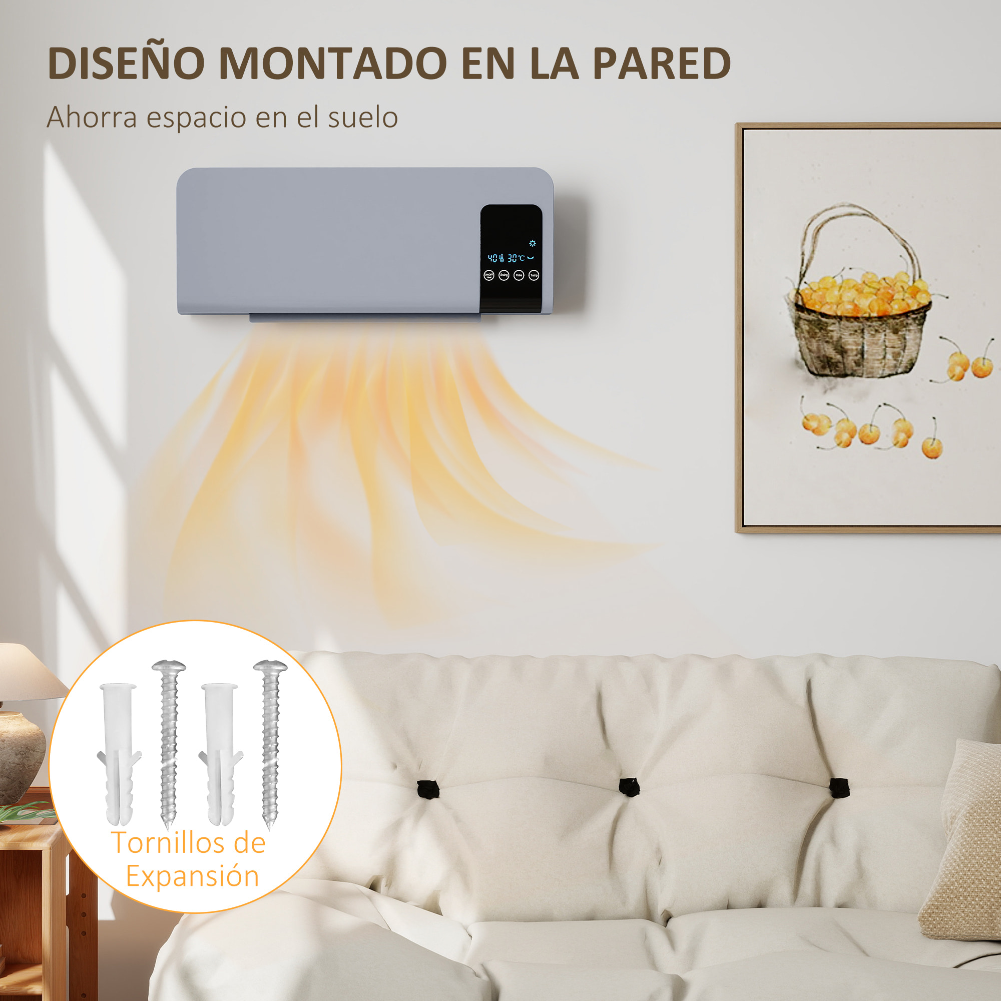 Calefactor Eléctrico Bajo Consumo, 1000W/2000W, Calefactor de Baño de Pared con Función de Oscilación, Pantalla LED, Protección contra Sobrecalentamiento, Temporizador, Mando a Distancia, Gris