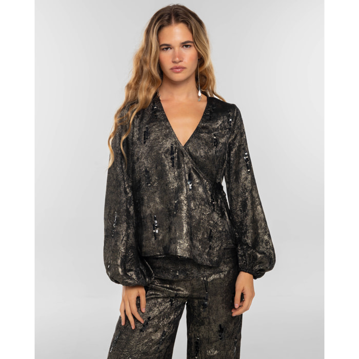 Blusa bordada de lentejuelas con cierre cruzado de mujer