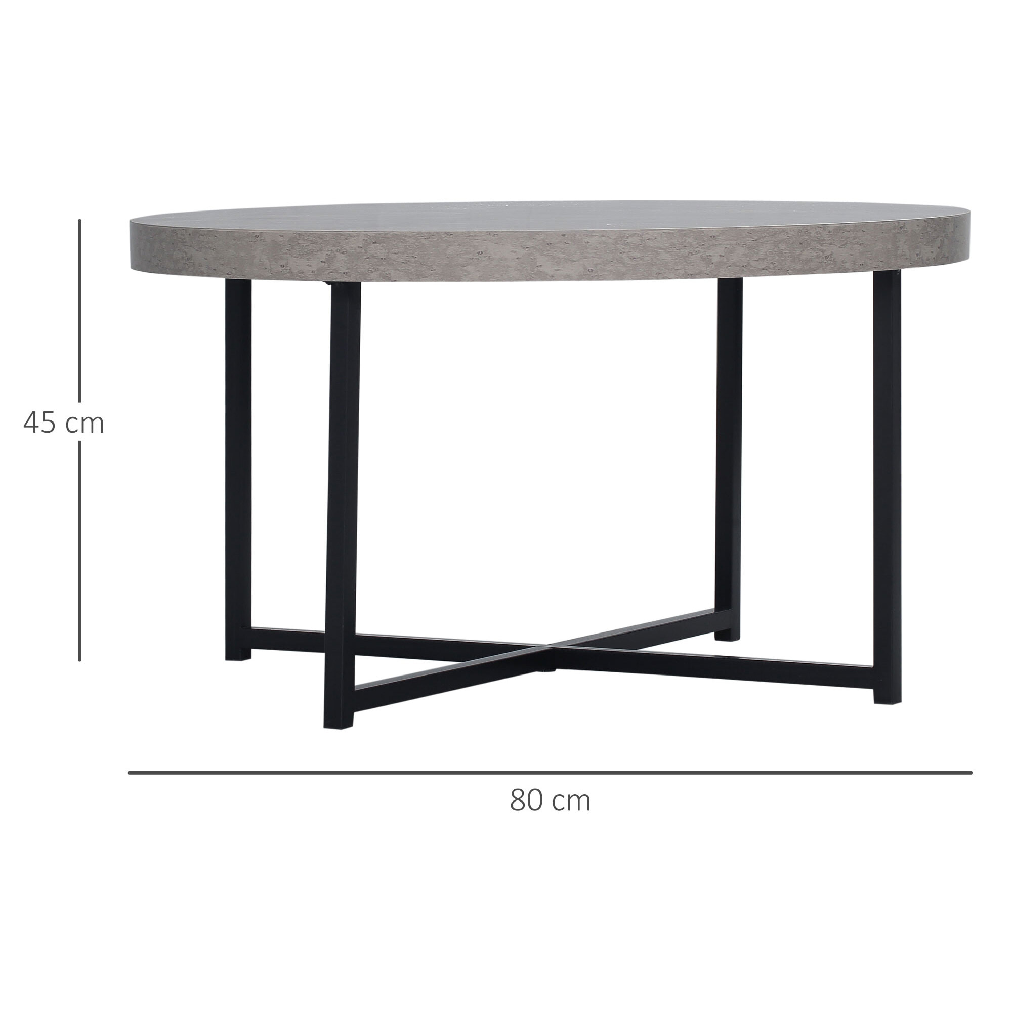 Table basse ronde design dim. Ø 80 x 45H cm piètement croisé métal noir plateau MDF effet béton ciré