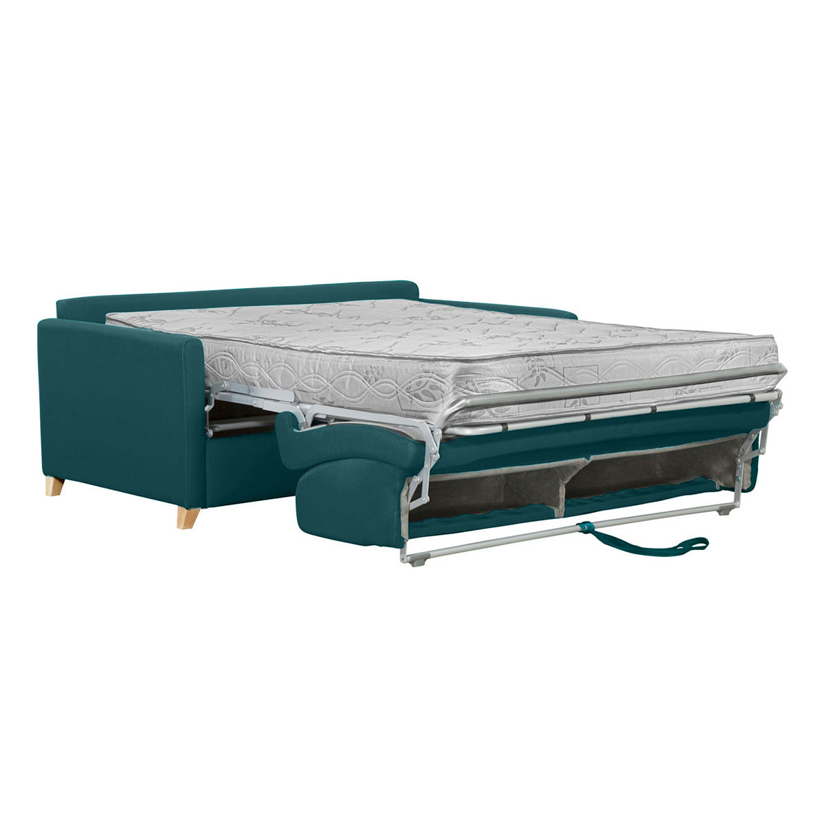 Canapé convertible 3 places en tissu bleu canard et bois clair avec matelas 18 cm SKANDY