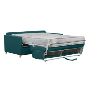 Canapé convertible 3 places en tissu bleu canard et bois clair avec matelas 18 cm SKANDY
