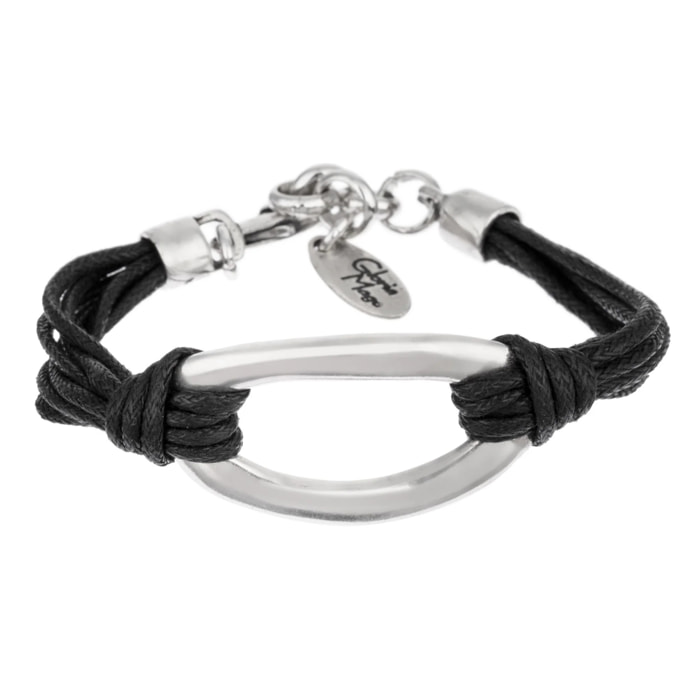 Pulsera cordón negro y eslabón plata chapado