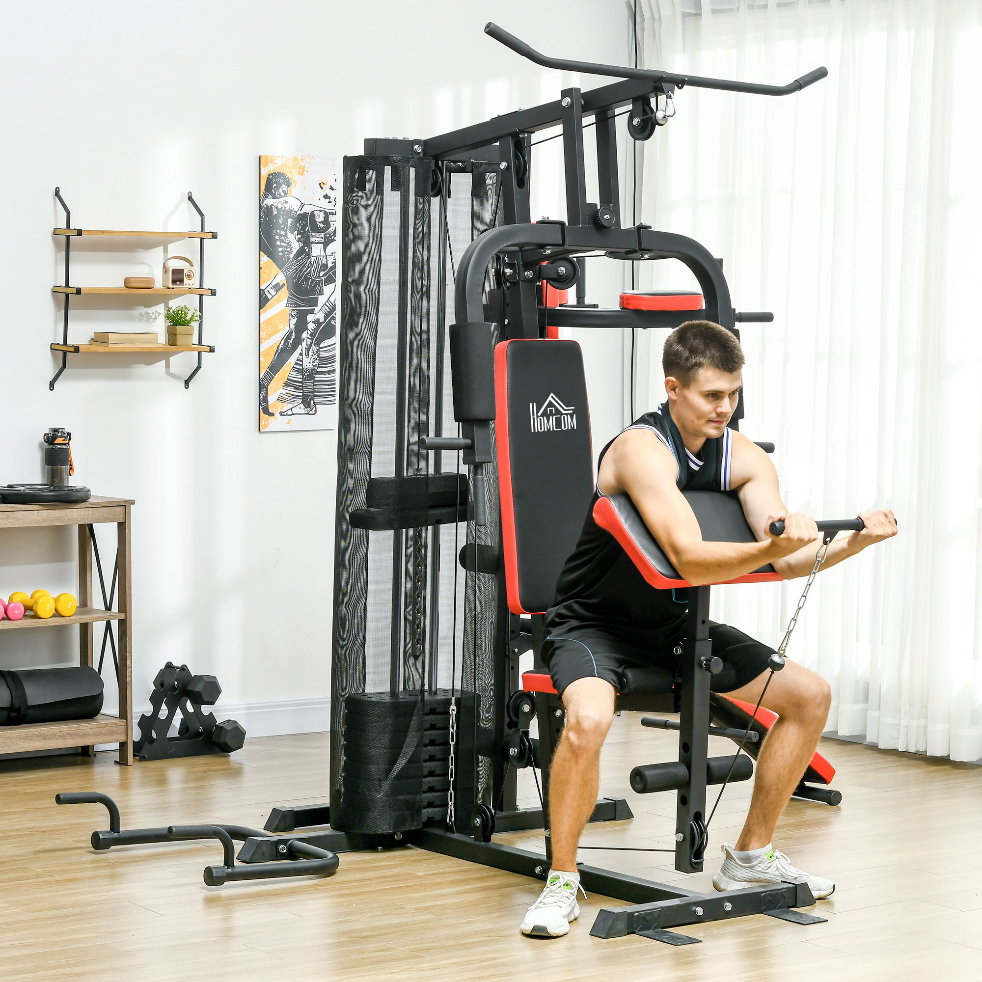 Máquina de Multiestación Ajustable Multiestación de Musculación con Placas de Peso de 45 kg Carga Max. 110 kg para Entrenamiento Fitness en Hogar Gimnasio 225x175x200 cm Negro