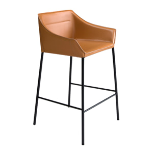 Taburete Angel Cerdá con asiento y respaldo tapizados en polipiel en marrón patas de acero inoxidable en negro mate 59x55x92cm