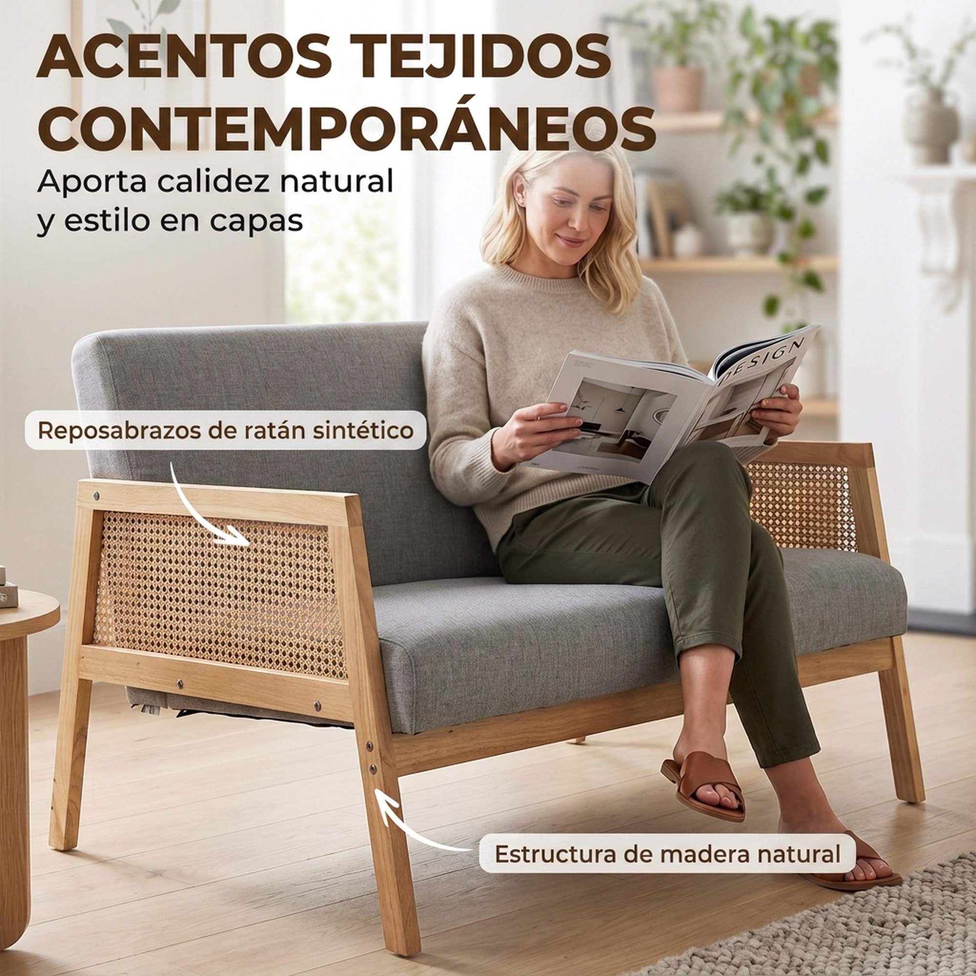 HOMCOM Sofá de 2 Plazas Tapizado en Lino Sintético con Detalles Ratán Sintético, Sofá Compacto Moderno con Estructura de Madera de Caucho, Carga 240 kg para Dormitorio, Salón, 115x77x77 cm, Gris Claro