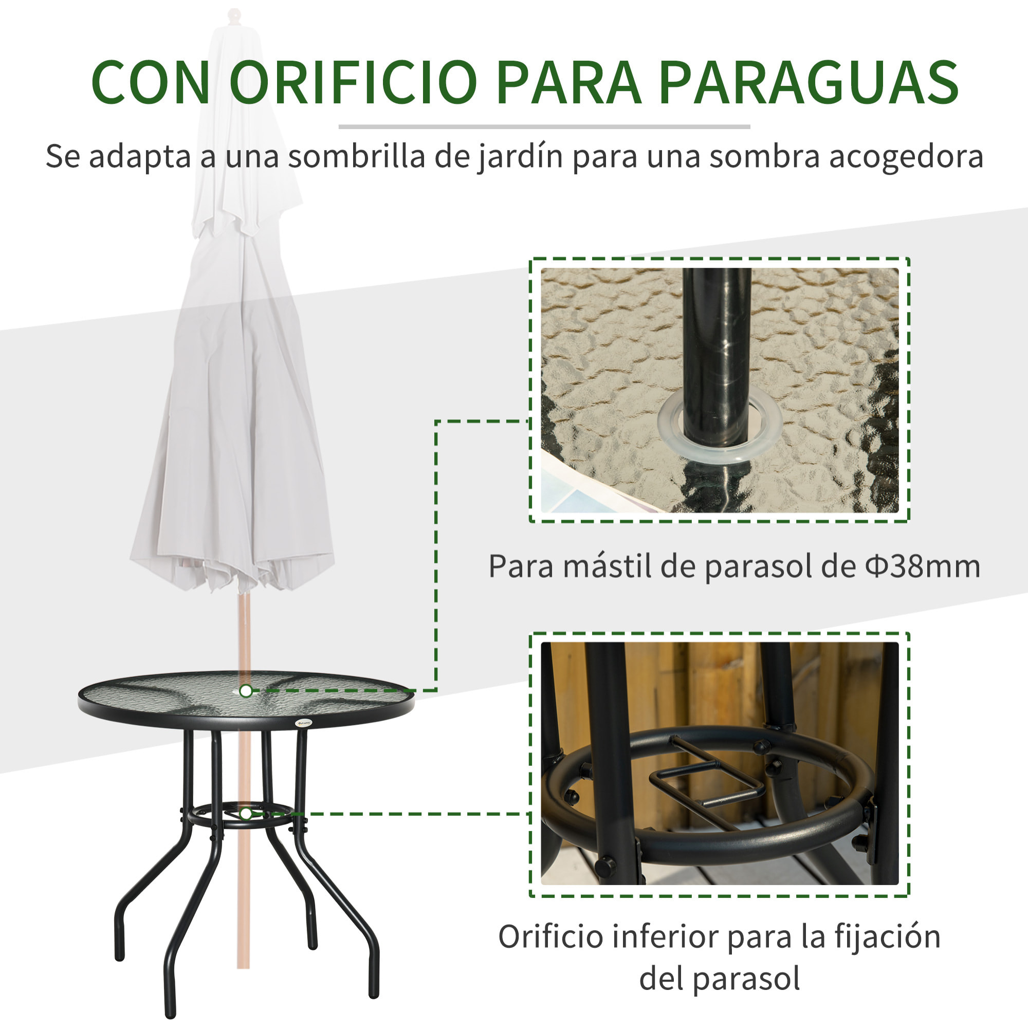 Outsunny Mesa de Jardín Redonda Mesa de Exterior Ø80x72 cm con Agujero para Sombrilla y Encimera de Vidrio Templado para Patio Terraza Negro