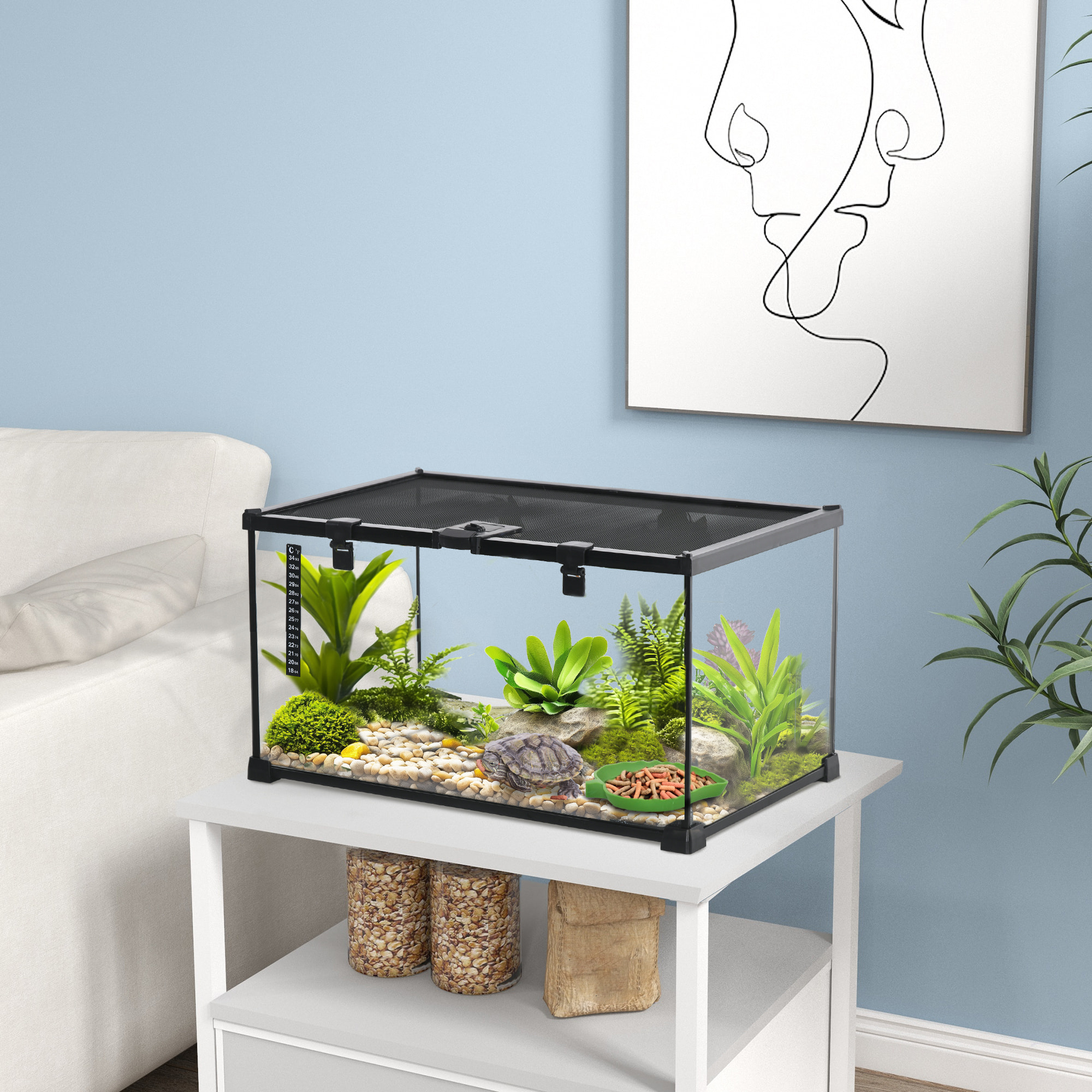 PawHut Terrario para Reptiles de Vidrio Templado con Termómetro, Cuenco de Agua, Vista Completa, Ventilación, Terrario para Lagartos, Ranas Cornudas, Serpientes, Arañas, 50x30x25 cm, Negro