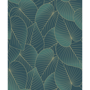 Papier peint feuilles tropicales bleu canard doré