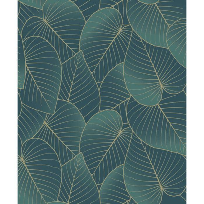 Papier peint feuilles tropicales bleu canard doré