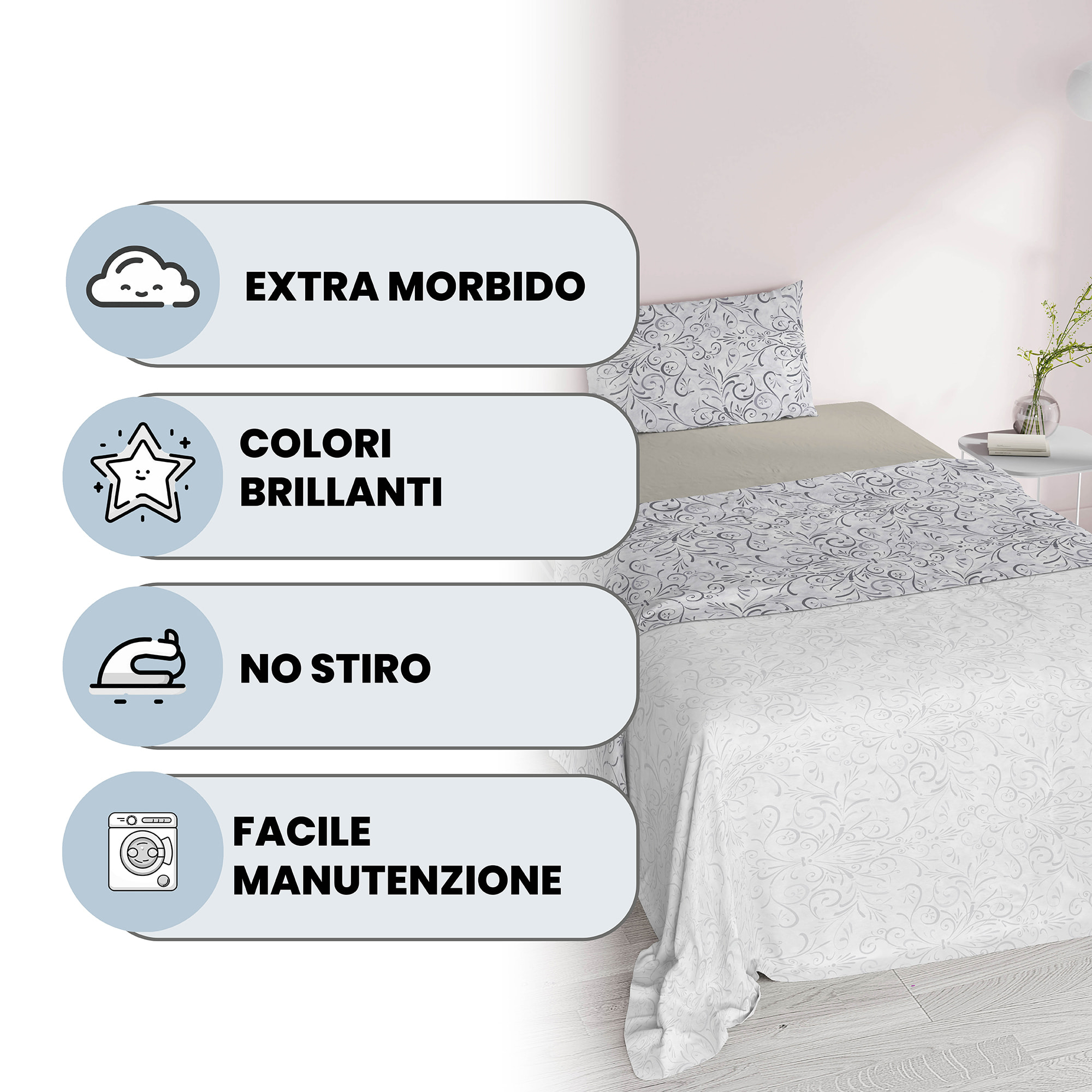 COMPLETO LETTO FANTASY, 100% Microfibra - ORNATO GRIGIO