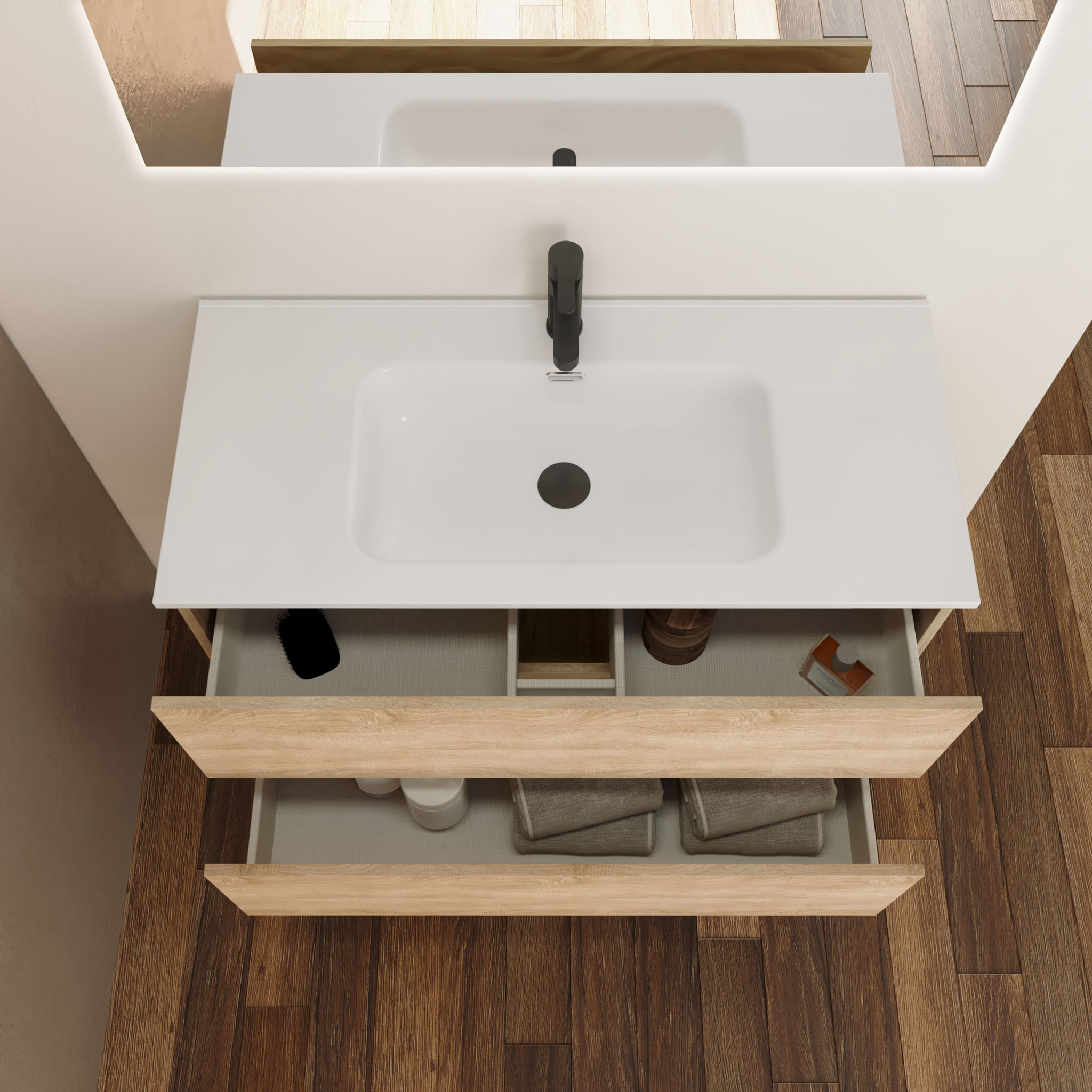 Ensemble Salle de Bain Kaji | 60 cm Bardolin | Deux Tiroirs | Lavabo Encastré| N'inclut pas le Miroir | Alday