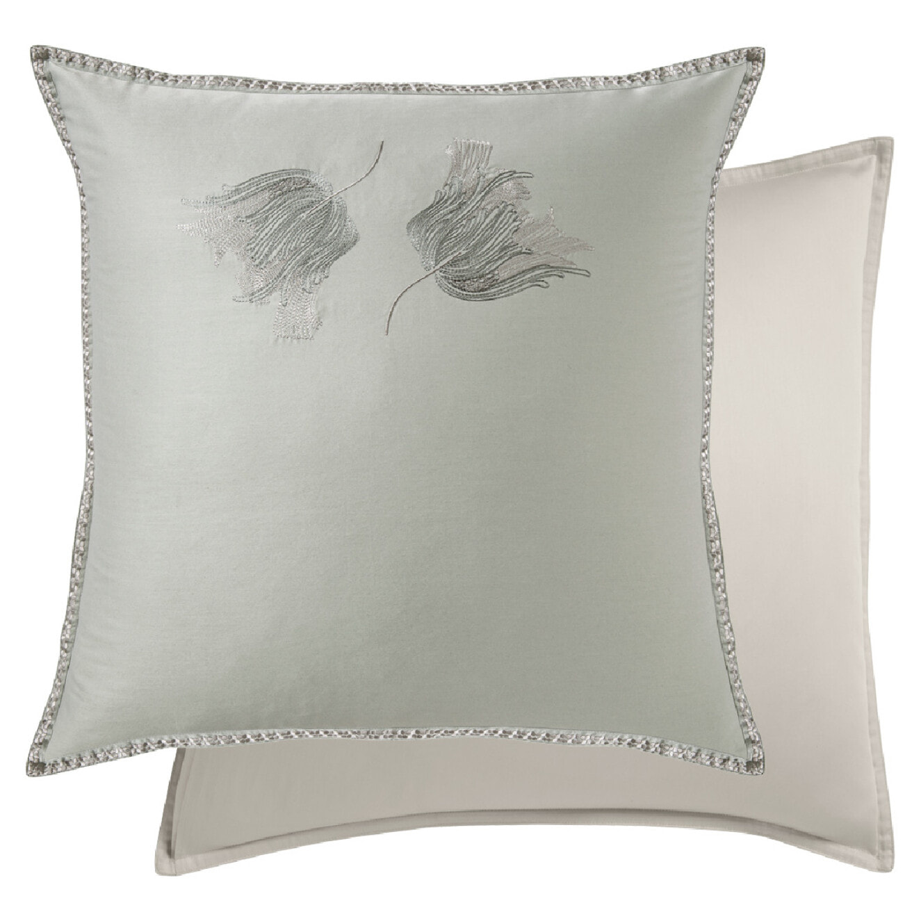 Taie d'oreiller satin de coton brodé vert Tulipes jade