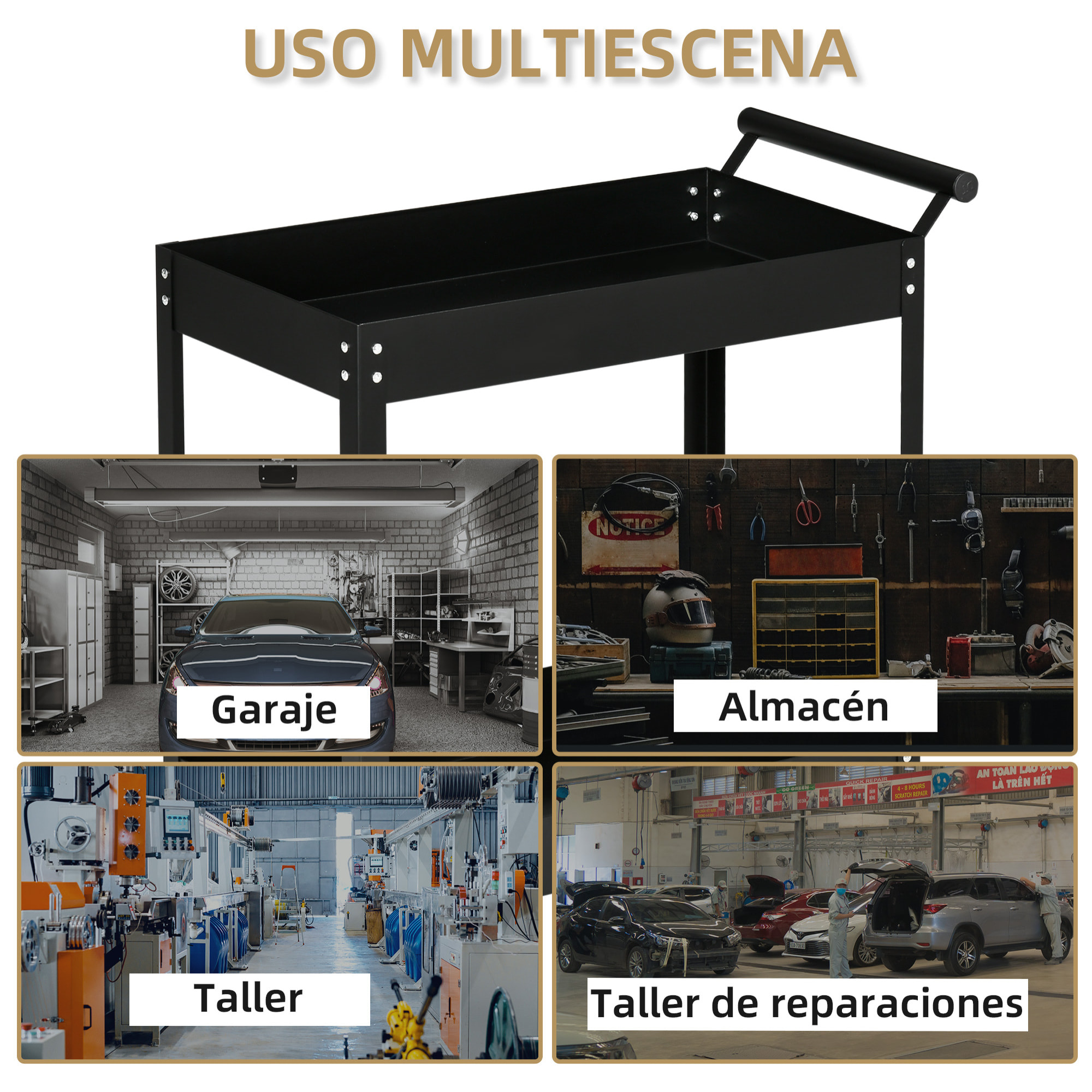 Carro de Herramientas de 2 Niveles Carro de Taller con Ruedas de Acero para Garaje Mecánico Almacén Carga 150 kg 84,5x38x84 cm Negro