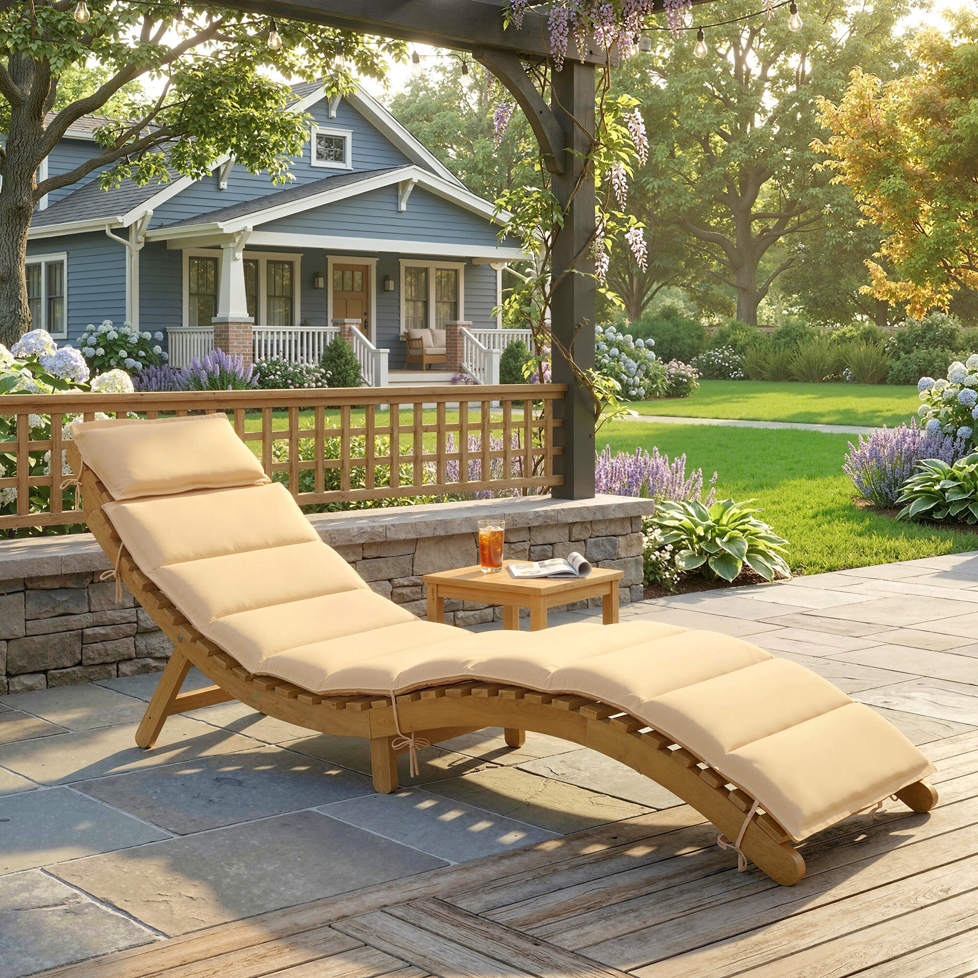 Tumbona Plegable de Madera de Acacia con Cojín y Reposacabezas, Tumbona Jardín Exterior con Asa de Transporte, Carga 120 kg, para Patio, Terraza, Piscina, 183x54x63 cm, Beige