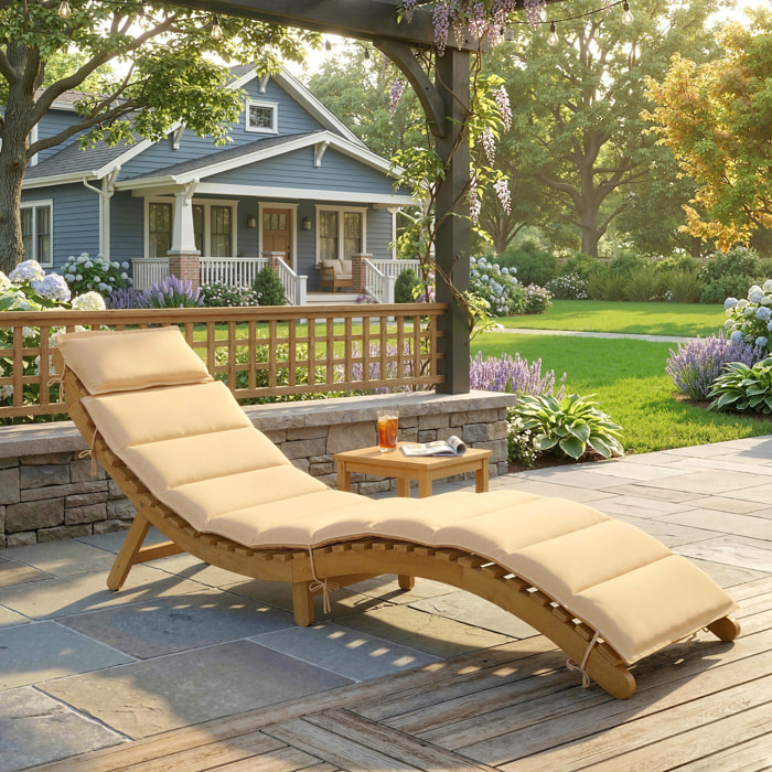 Tumbona Plegable de Madera de Acacia con Cojín y Reposacabezas, Tumbona Jardín Exterior con Asa de Transporte, Carga 120 kg, para Patio, Terraza, Piscina, 183x54x63 cm, Beige