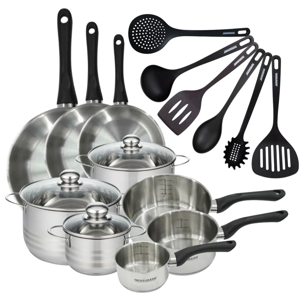 Set 3 poêles 20 24 28 cm 3 casseroles 12 16 20 cm, 3 faitouts 16, 20 et 24 cm en inox et 6 ustensiles RPET Fackelmann Geneva