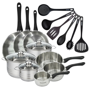 Set 3 poêles 20 24 28 cm 3 casseroles 12 16 20 cm, 3 faitouts 16, 20 et 24 cm en inox et 6 ustensiles RPET Fackelmann Geneva