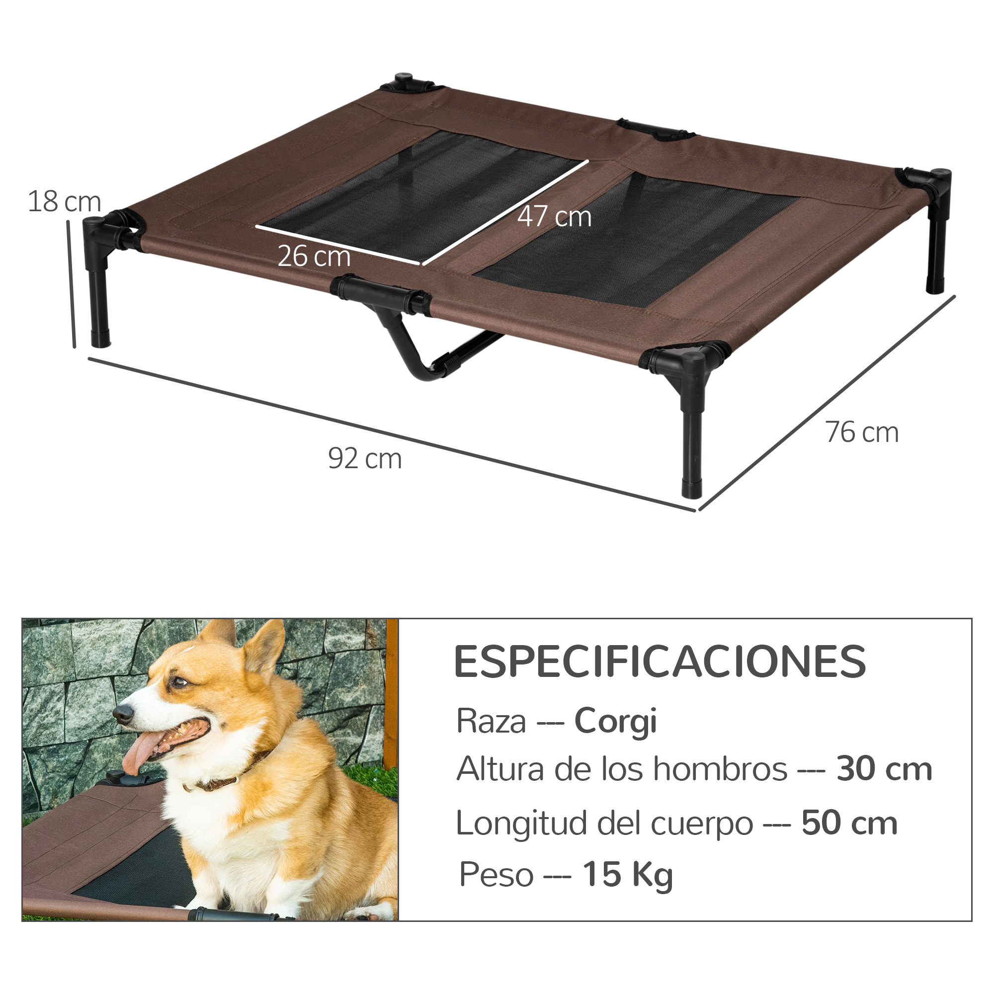 Cama Elevada para Perros Cama de Mascotas con Malla Transpirable y Tela Oxford para Exterior Interior Aire Libre Jardín Terraza 92x76x18 cm Marrón