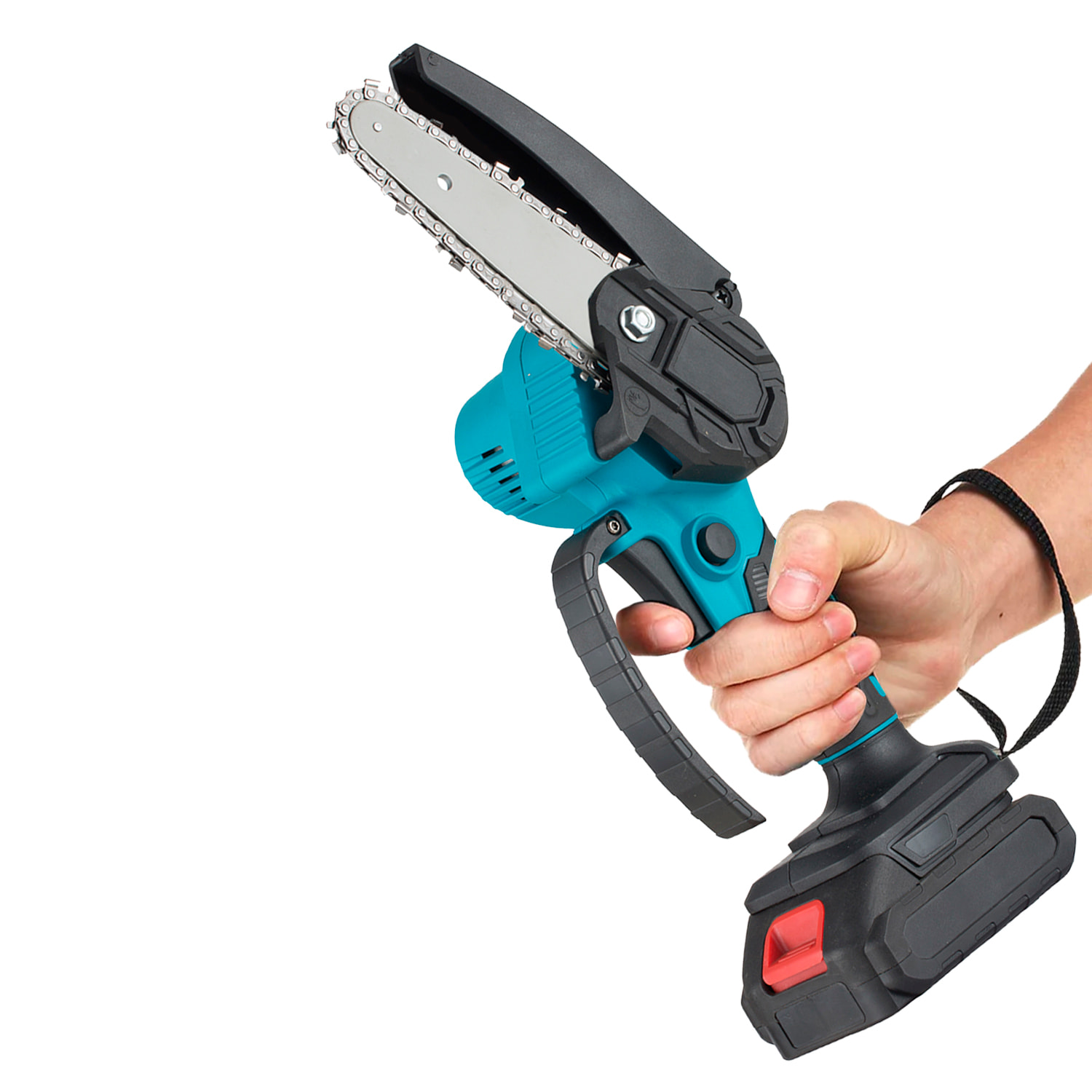 Mini motosega senza fili con lama da 4 pollici, batteria da 15000 mah e valigetta di trasporto.