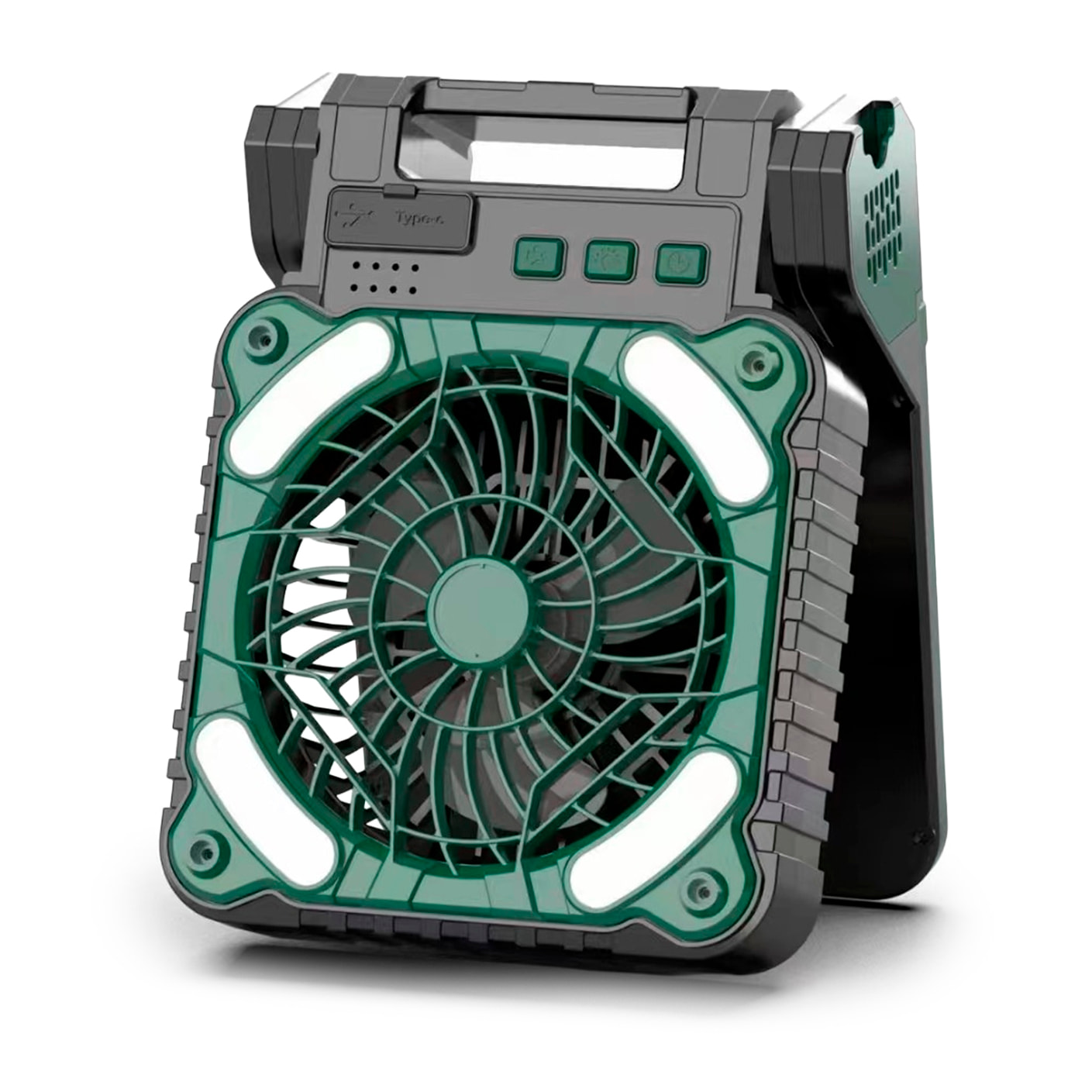 Ventilador x99 solar LED recargable con motor sin escobillas 9V, 16 LEDs (2W) y 4 velocidades. Velocidad del aire 4,5 m/s y hasta 2800 rpm. Función powerbank con doble batería de 2600 mAh.