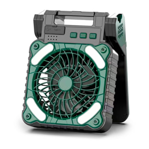 Ventilador x99 solar LED recargable con motor sin escobillas 9V, 16 LEDs (2W) y 4 velocidades. Velocidad del aire 4,5 m/s y hasta 2800 rpm. Función powerbank con doble batería de 2600 mAh.