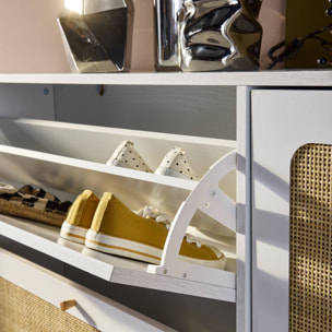 Meuble à chaussures décor bois et cannage 3 abattants 1 porte BOHÈME