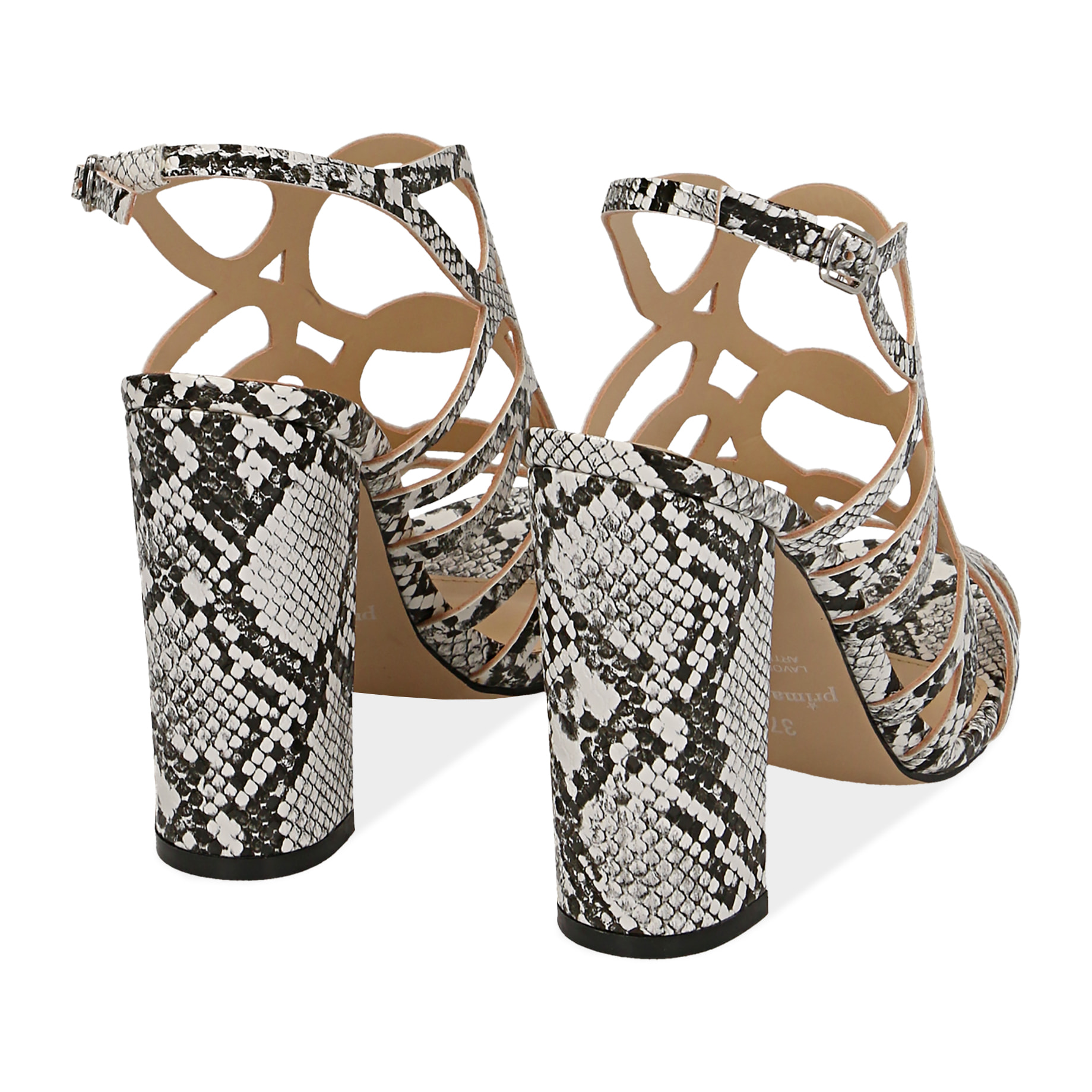 Sandalias jaula estampado pitón blanco/negro, tacón 10,5 cm